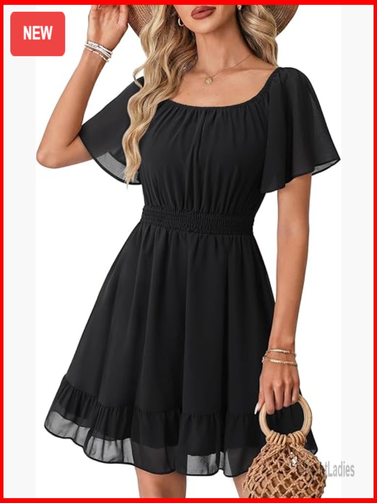 Ruffle Sleeve Chiffon Sundress A-Line V-Neck Short Sleeve